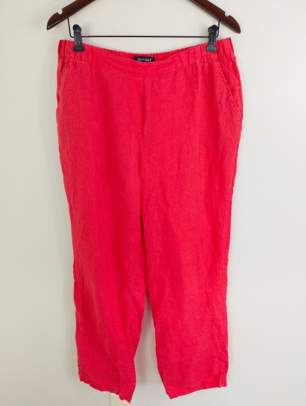 Ellen Tracy 100% Linen Elastic Waist Ankle Pants Red 12